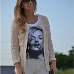Zara Cream sequin blazer with knit frayed accents